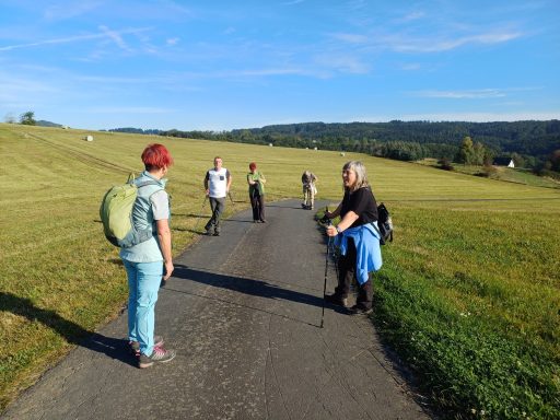 Gruppe von Menschen auf einem Weg in der Natur, umgeben von Wiesen und Bäumen.