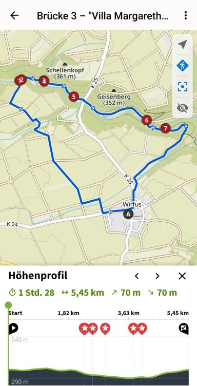 Karte einer Wanderroute mit Höhenprofil und markierten Punkten entlang des Weges.