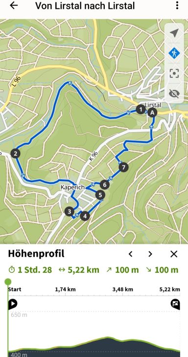 Karte einer Route von Linthal nach Lintal mit Höhenprofil und Distanzangaben.