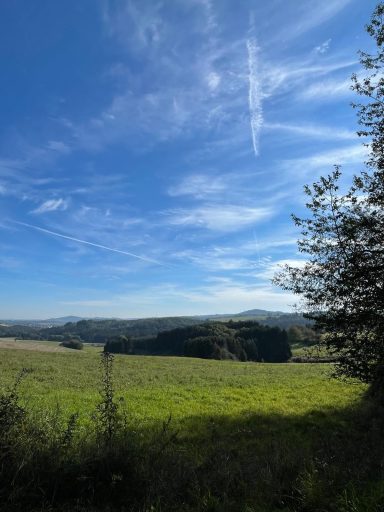 Weite Landschaft mit grünen Feldern und blauem Himmel, durchzogen von Wolken.