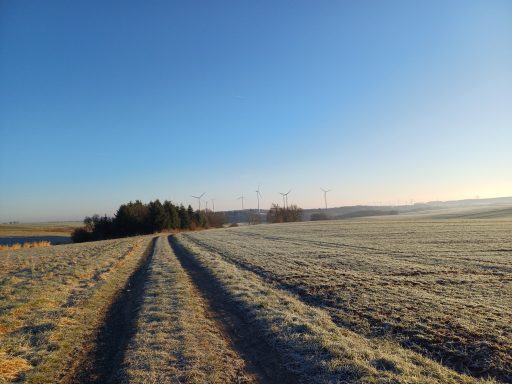 Frostbedecktes Feld mit einer Straße und Windkraftanlagen im Hintergrund unter klarem Himmel.