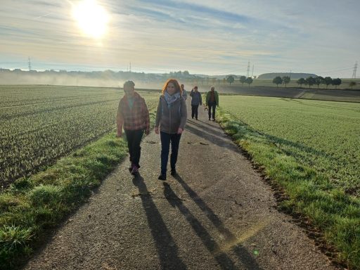 Gruppe von Personen, die auf einem Feldweg bei Sonnenaufgang spazieren.