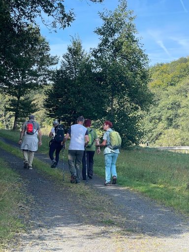 Gruppe von Personen wandert auf einem schmalen Weg durch eine grüne Landschaft.